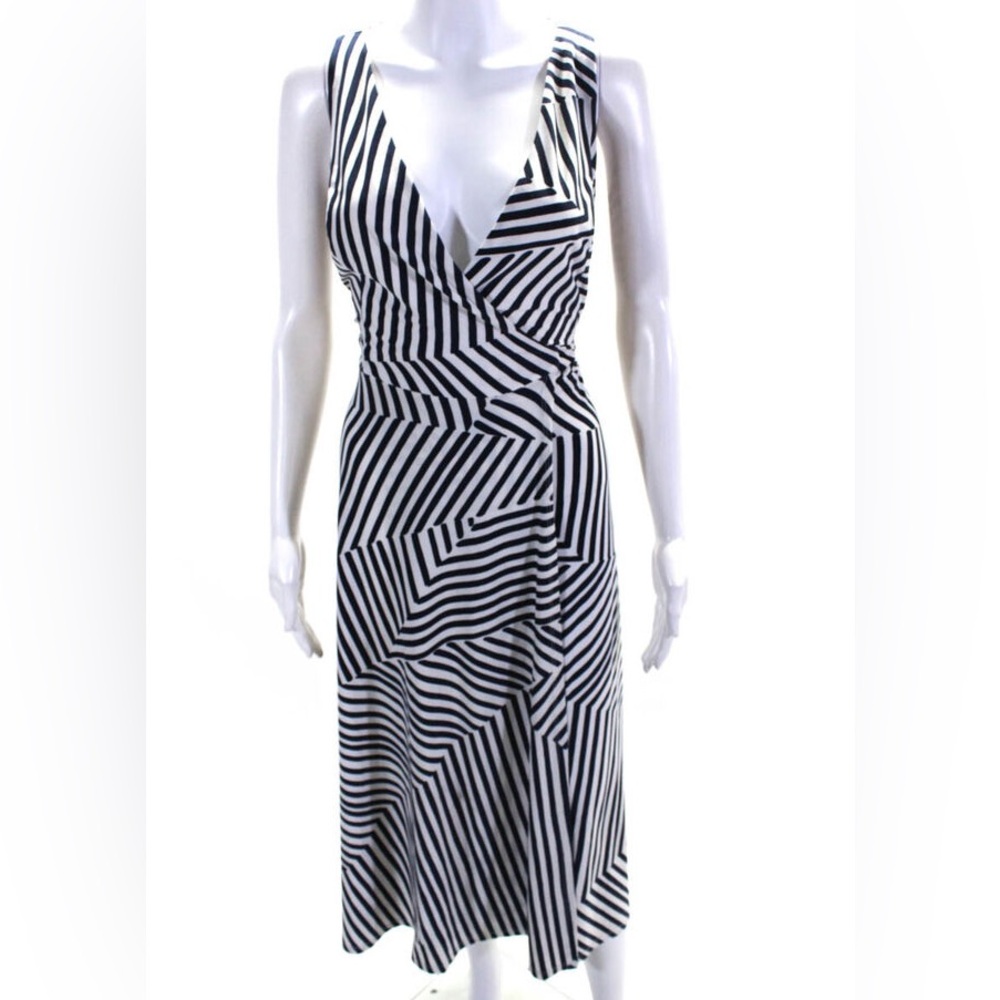 Lauren Ralph Lauren Navy Striped Midi Wrap Dress- Size 10